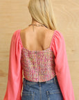 Tweed Bodice And Chiffon Square Top With Back Zipper