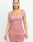 Ruched Square Neck Mesh Sleeve Dress
