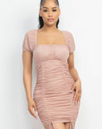 Ruched Square Neck Mesh Sleeve Dress