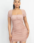 Ruched Square Neck Mesh Sleeve Dress
