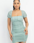 Ruched Square Neck Mesh Sleeve Dress