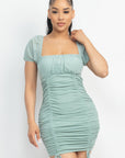 Ruched Square Neck Mesh Sleeve Dress