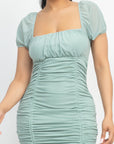 Ruched Square Neck Mesh Sleeve Dress