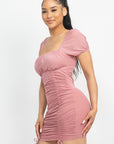 Ruched Square Neck Mesh Sleeve Dress