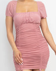 Ruched Square Neck Mesh Sleeve Dress