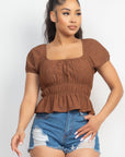 Puff Sleeve Eyelet Peplum Top
