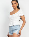 Puff Sleeve Eyelet Peplum Top