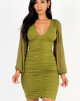 Ruched mesh long sleeve v-neck mini dress