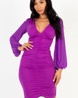 Ruched mesh long sleeve v-neck mini dress