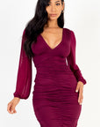 Ruched mesh long sleeve v-neck mini dress