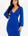 Ruched mesh long sleeve v-neck mini dress