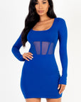 Square neck mesh corset mini dress