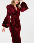 Flower Patch Flocked Velvet Fitted Midi Dress With Puff Sleeves