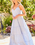V-neck Tie Shoulder Strap Tier Stripe Print Maxi Oversize Dress