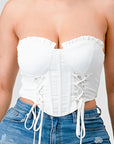Luxe sweetheart ruffled drawstring lace bustier top
