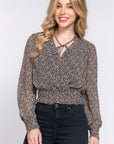 Surplice Smocked Print Chiffon Blouse