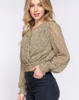 Surplice Smocked Print Chiffon Blouse