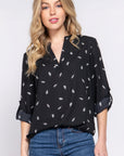 3/4 Roll Up Slv V-neck Print Blouse