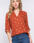 3/4 Roll Up Slv V-neck Print Blouse
