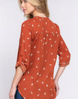 3/4 Roll Up Slv V-neck Print Blouse