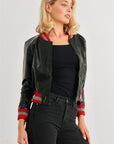 Black & Red Ribbed Vegan Leather Bomber Jacket