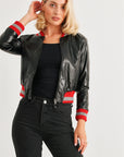 Black & Red Ribbed Vegan Leather Bomber Jacket