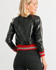 Black & Red Ribbed Vegan Leather Bomber Jacket