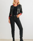 Black & Red Ribbed Vegan Leather Bomber Jacket