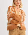 Camel Striped Crochet Knit Two Pocket Open Front Cardigan
