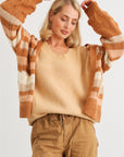 Camel Striped Crochet Knit Two Pocket Open Front Cardigan