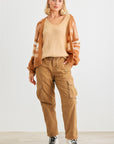 Camel Striped Crochet Knit Two Pocket Open Front Cardigan