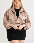Plus Satin Zip-up Ruched Long Sleeve Cropped Bomber Jacket