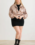 Plus Satin Zip-up Ruched Long Sleeve Cropped Bomber Jacket
