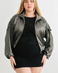 Plus Satin Zip-up Ruched Long Sleeve Cropped Bomber Jacket