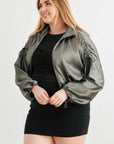 Plus Satin Zip-up Ruched Long Sleeve Cropped Bomber Jacket