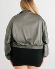 Plus Satin Zip-up Ruched Long Sleeve Cropped Bomber Jacket