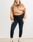 Plus Satin Zip-up Ruched Long Sleeve Cropped Bomber Jacket