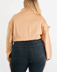 Plus Satin Zip-up Ruched Long Sleeve Cropped Bomber Jacket