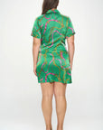 Plus Chain Belt Print Short Sleeve Wrap Tie Dress