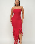 Solid Bottom Ruffle Trim Hem Slit Tube Maxi Dress