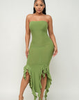 Solid Bottom Ruffle Trim Hem Slit Tube Maxi Dress