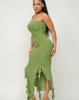Solid Bottom Ruffle Trim Hem Slit Tube Maxi Dress