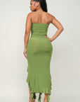 Solid Bottom Ruffle Trim Hem Slit Tube Maxi Dress