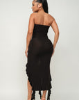 Solid Bottom Ruffle Trim Hem Slit Tube Maxi Dress