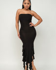 Solid Bottom Ruffle Trim Hem Slit Tube Maxi Dress