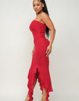 Solid Bottom Ruffle Trim Hem Slit Tube Maxi Dress