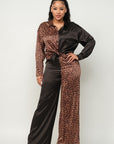 Half Animal Print And Half Solid Top And Pants Set