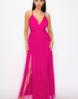 Pleated Mesh Slit Maxi Dress