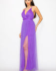 Pleated Mesh Slit Maxi Dress
