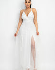 Pleated Mesh Slit Maxi Dress